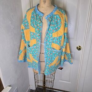 Vintage one of a kind quilt coat aqua turquoise goldenrod OS‎